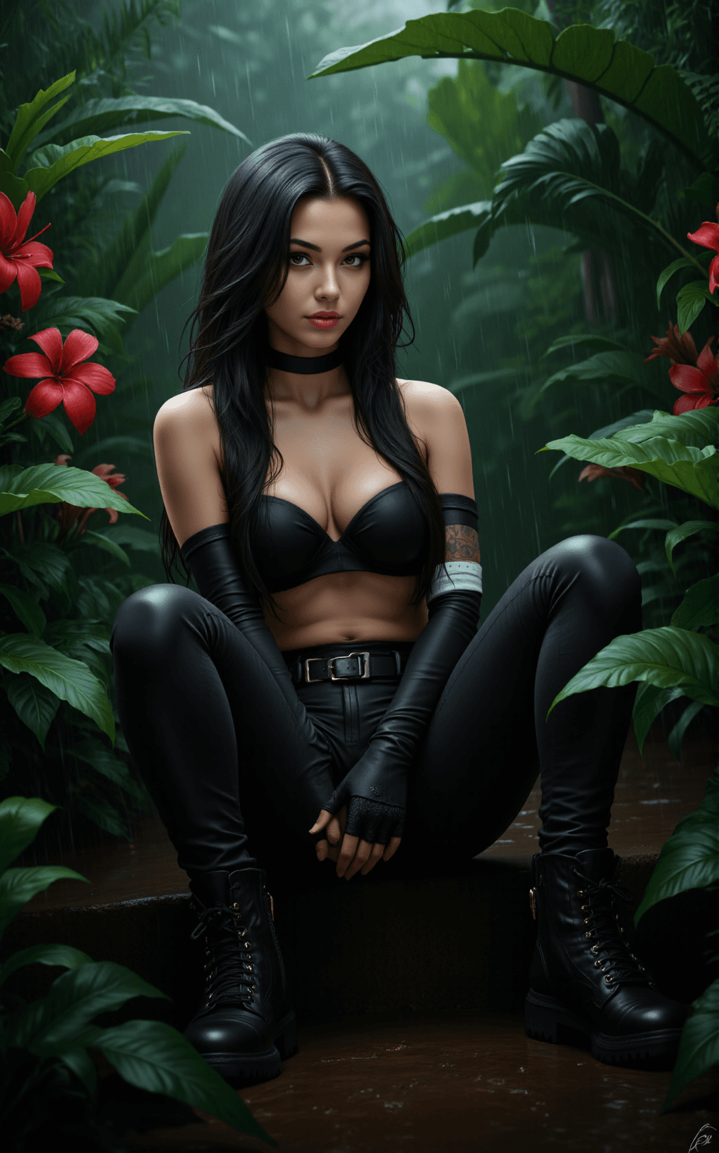 AI generated: A striking woman sits in the rain beneath dense, vibrant jungle foliage, her long black hair cascadi...