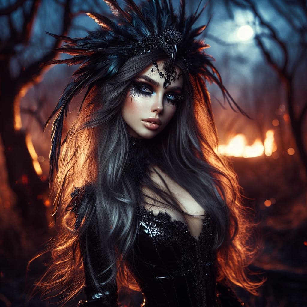 AI generated: Portrait of an incredibly beautiful girl, a fantasy raven goddess, very long hair, wearing shiny clo...