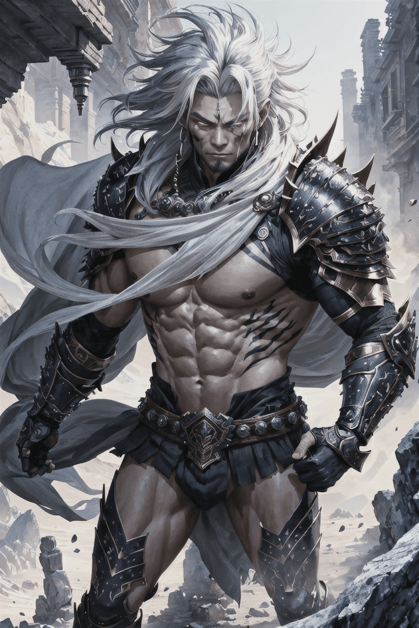 AI generated: concept art male asian warrior, (auras wrath) art style, intricate oriental body armor, black and si...