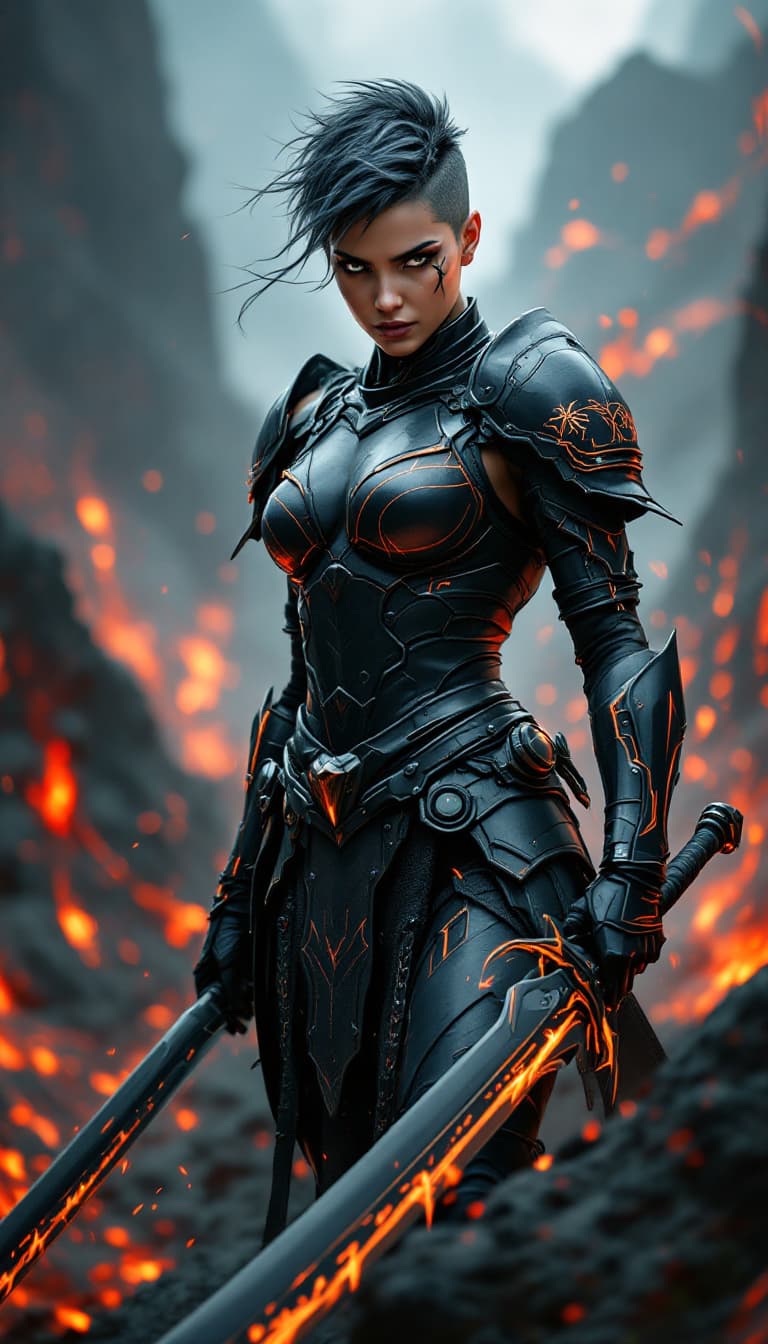 AI generated: An ultra-realistic, full-body action shot of an imposing charcoal warrior woman, exuding strength an...