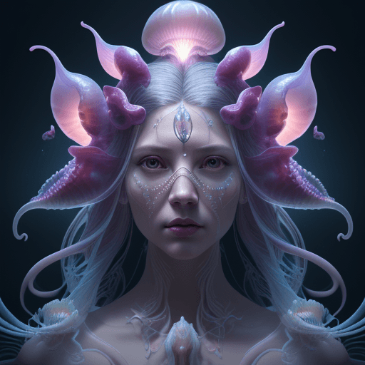 AI generated: Goddess close-up portrait ribcagel. jellyfish phoenix head, nautilus, orchid, skull, betta fish, bio...