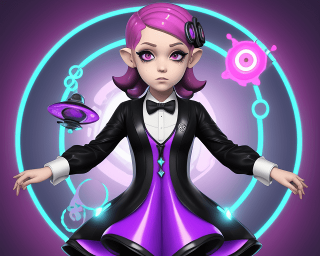 AI generated: octoling girl, Splatoon, magician's assistant, hypnotized, formal female dress, latex