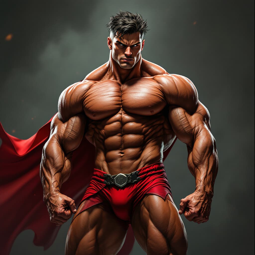 AI generated: 
Make a picture of a muscled hero wearing a red speedo, full body