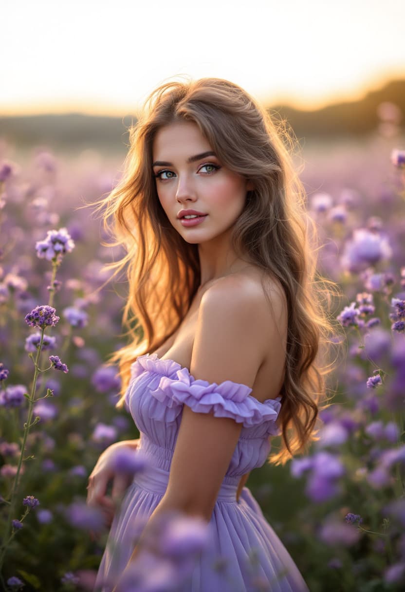 AI generated: A beautiful girl in a lavender dress, in the middle of a field full of purple flowers, with sunset l...