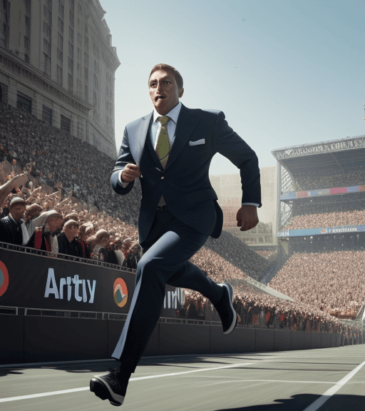 AI generated: Man in suit sprinting towards a finishing line, crowds gather to cheer for him! soft focus, SLR imag...