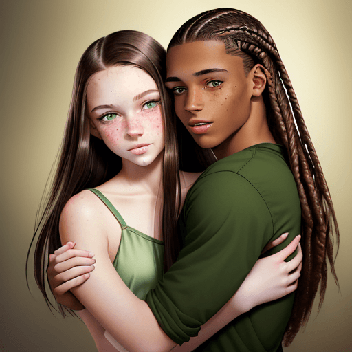 AI generated: Photo of a whiteskin brunette young girl with two green eyes, braces, no freckles and long hair hugg...