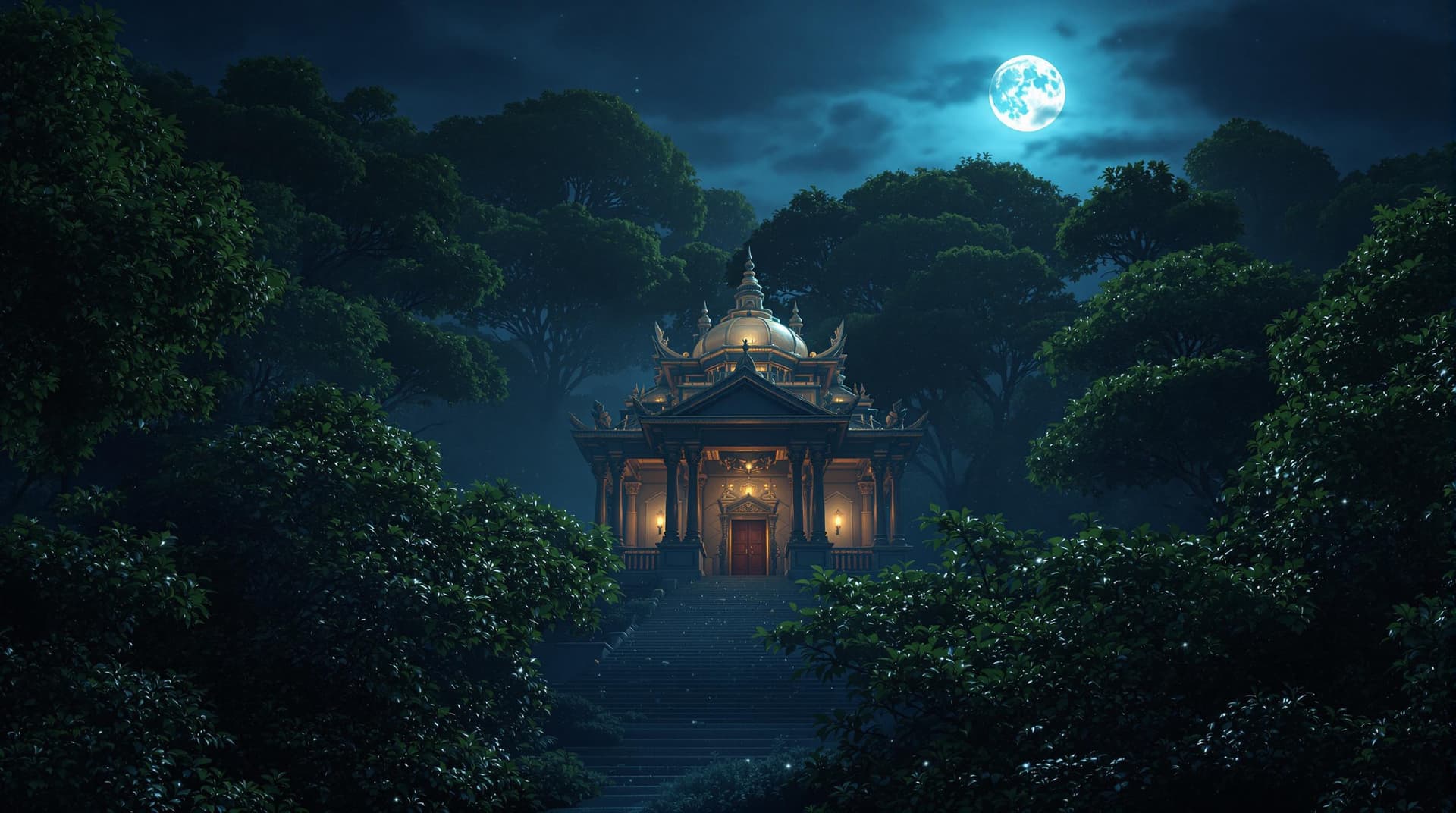 AI generated: Beautiful temple surrounded by dense trees, mysterious ambiance, moonlight shining, 8K resolution