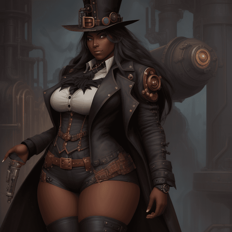 AI generated: evil, dark skin, steampunk, coat, thick thighs, goddess, long hair, black, engineer