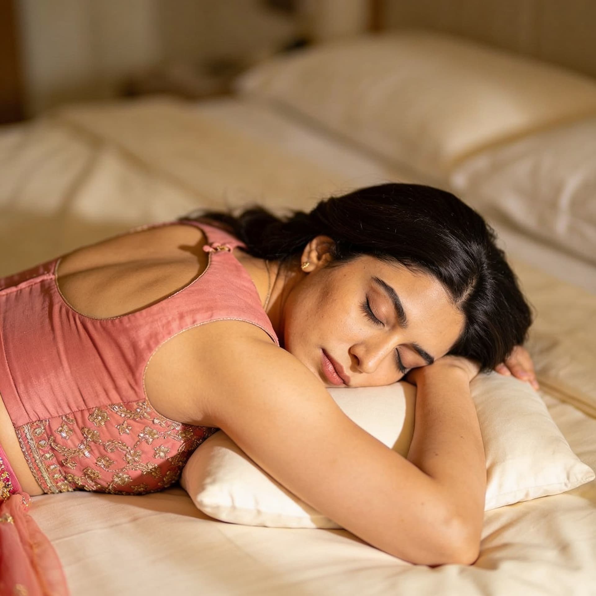 AI generated: Create the high realistic image as this Pakistani actress Aroosh Hoor is sleeping face down lying pr...