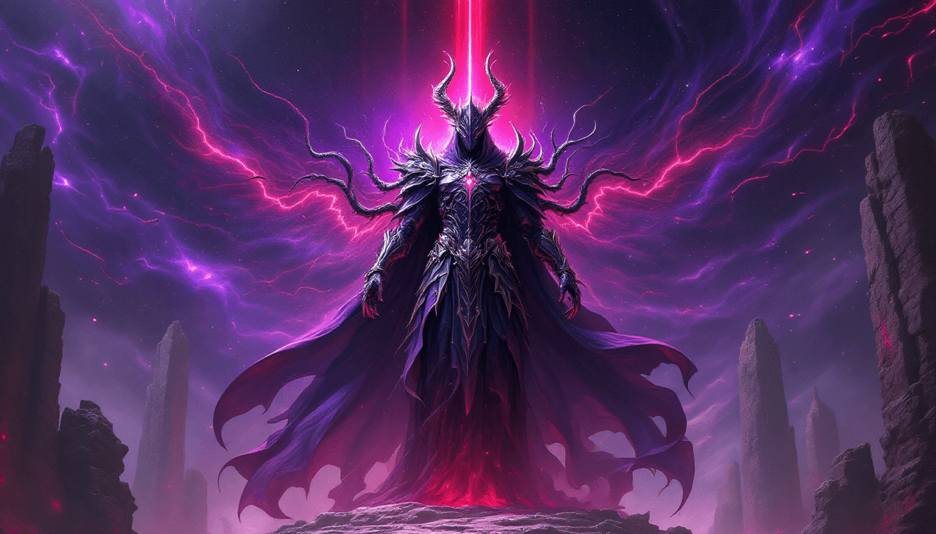 AI generated: Amidst a cosmic backdrop swirling with deep purples and reds, a towering figure dominates the scene,...