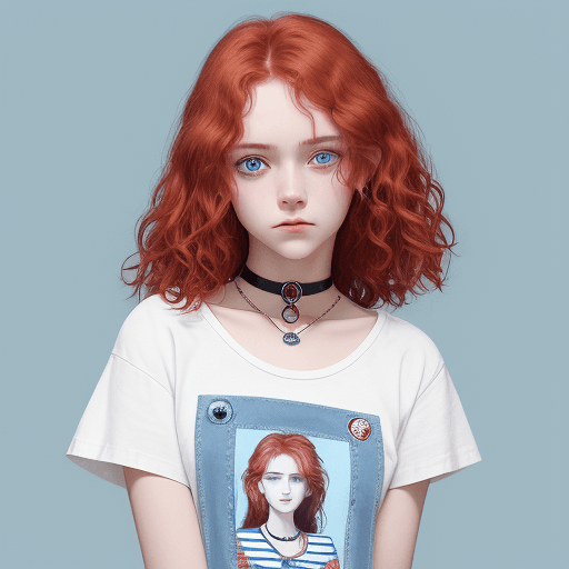 AI generated: [girl 16 years old, kind, bright, good-natured, cheerful, short red wavy hair, blue eyes, white stri...