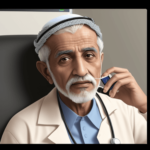 AI generated: An old arab male in a video call with a male arab doctor on a mobile phone