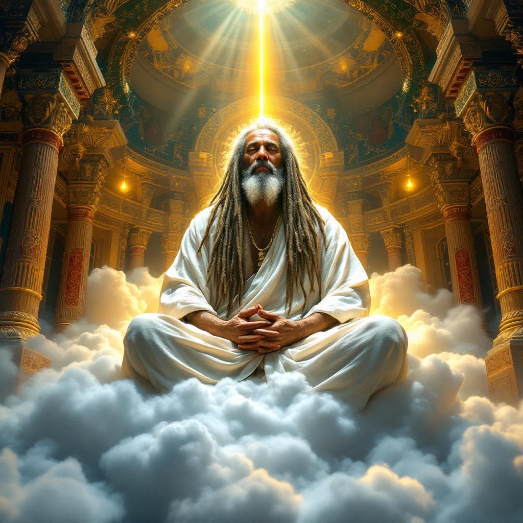 AI generated: A stunning, ultra-realistic cinematic image of a colossal 100-foot-tall Rastafarian elder seated in ...