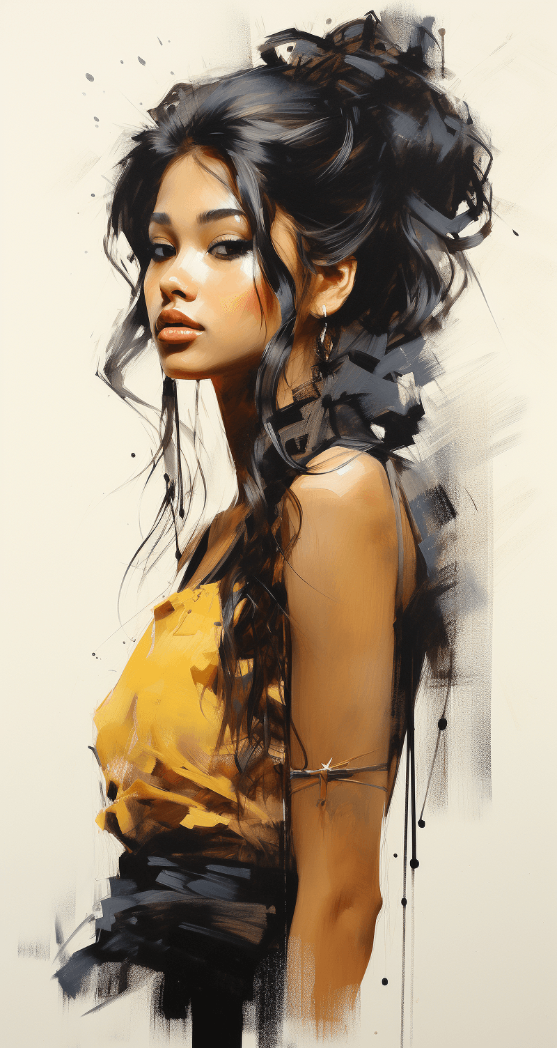 AI generated: a black and white charcoal drawing of a beautiful Japanese woman, side view, in the style of a charc...