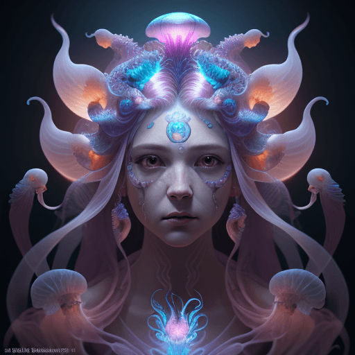 AI generated: Goddess close-up portrait ribcagel. jellyfish phoenix head, nautilus, orchid, skull, betta fish, bio...