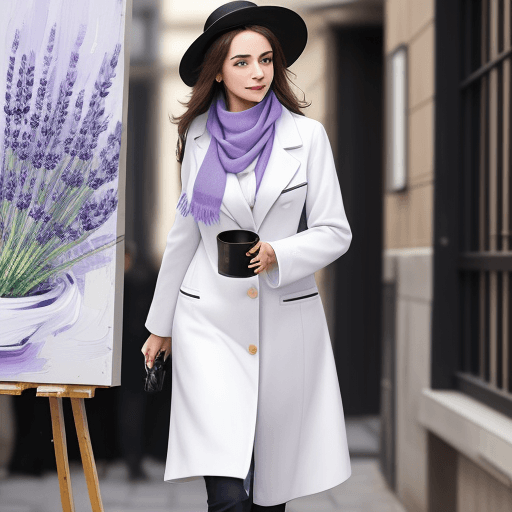 AI generated: A very pretty young woman walks down the street, with a large pot of lavender in her hand, wearing a...