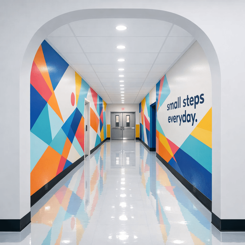 AI generated: "A transformative renovation of the hallway shown in image_0.png, applying the clean, vibrant aesthe...