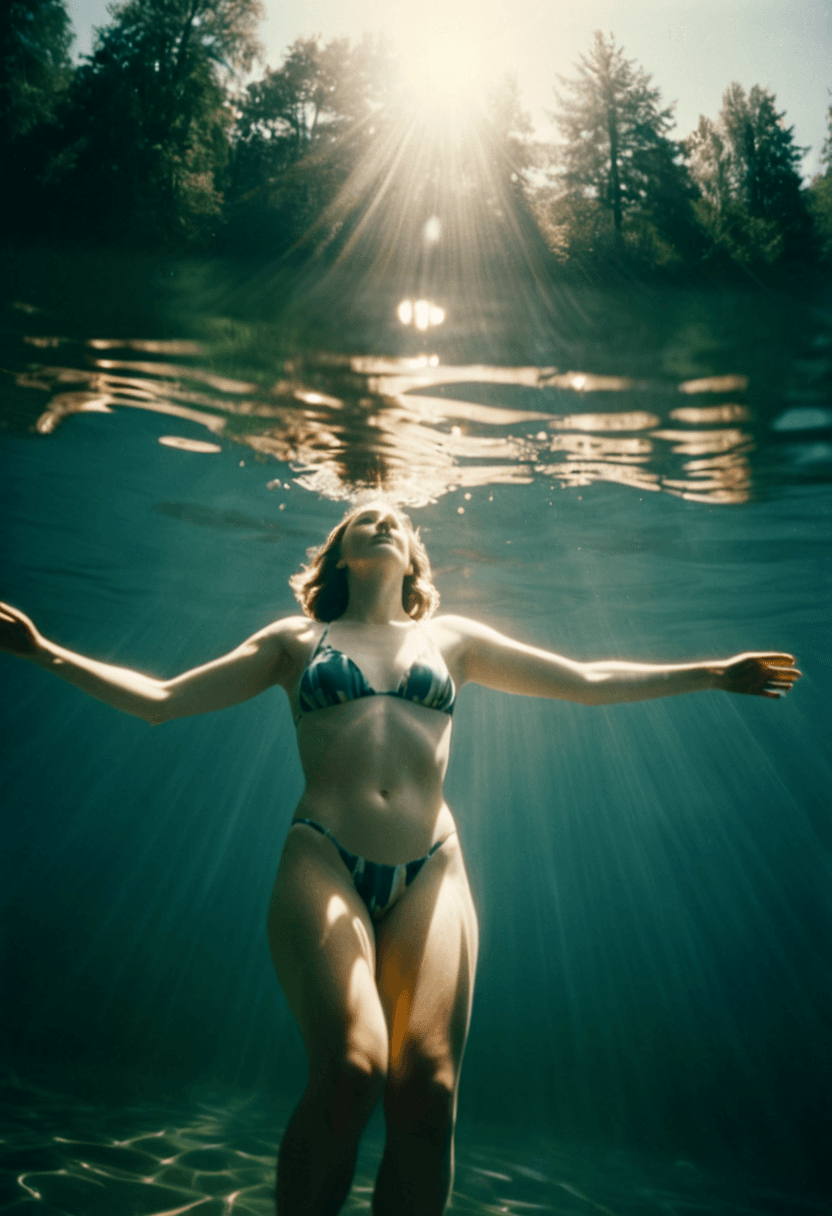 AI generated: This is a candid, full body, analog film photograph, from below, of a woman swimming in a lake durin...