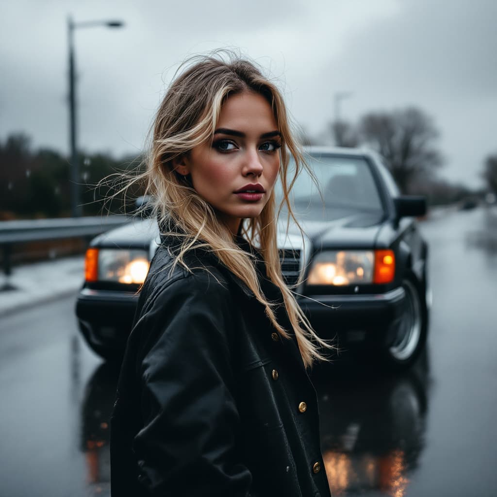 AI generated: Create a stock photo of a black Mercedes 500e in a cloudy, rainy weather with a beautiful blonde wom...