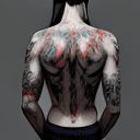 AI generated:  a gray back tattoo. Beautiful viewed from the rear. a Wolf tattoo(Luis Royo red ink, black ink, blu...