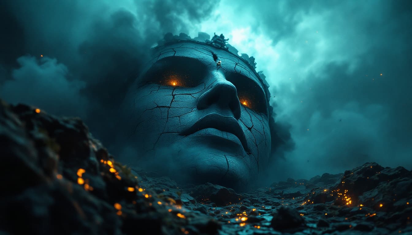 AI generated: A Perspective from the Eyes of a Fallen Statue
The camera is positioned at an extreme low angle insi...