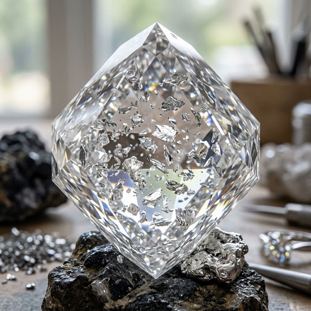 AI generated: a brilliant crystal made of diamond with shards of platinum flakes through out 