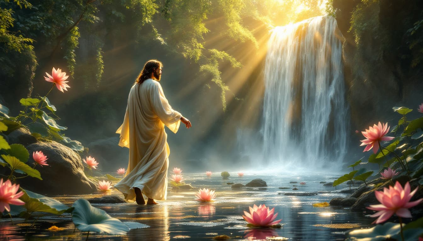 AI generated: jesus surrounded by divine light in a medieval  fantasy world walking beside waterfall i in lotus fl...