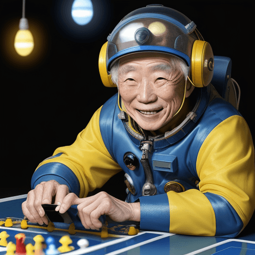 AI generated: An elderly 70-year-old Korean man in a blue spacesuit and yellow lightning helmet is smiling at his ...