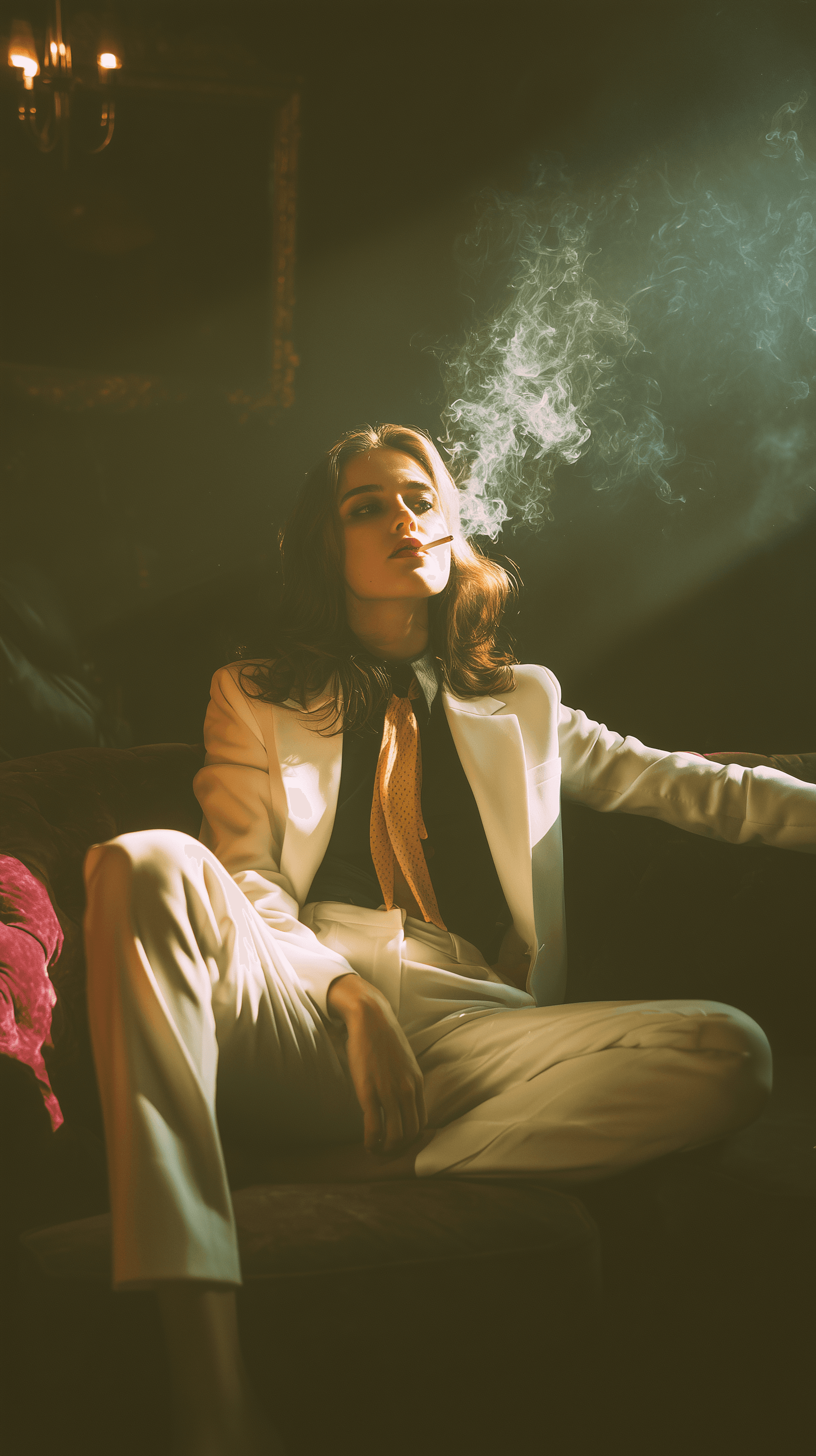 AI generated: snapshot, dimly lit room with a hazy atmosphere, capturing a female model lounging on a deep purple ...