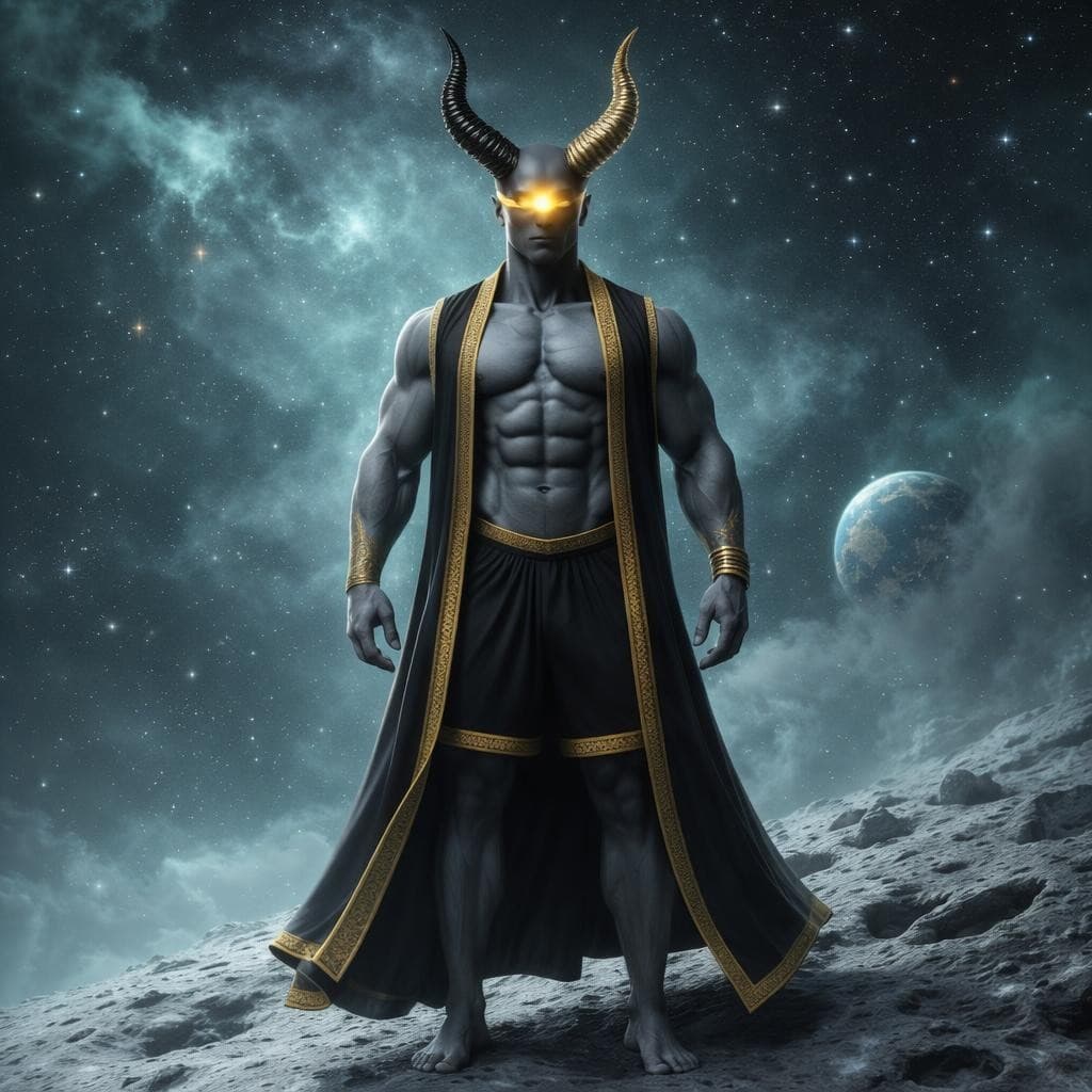 AI generated: Create a toned muscular god with long devils horns with one being black and one being gold black lap...
