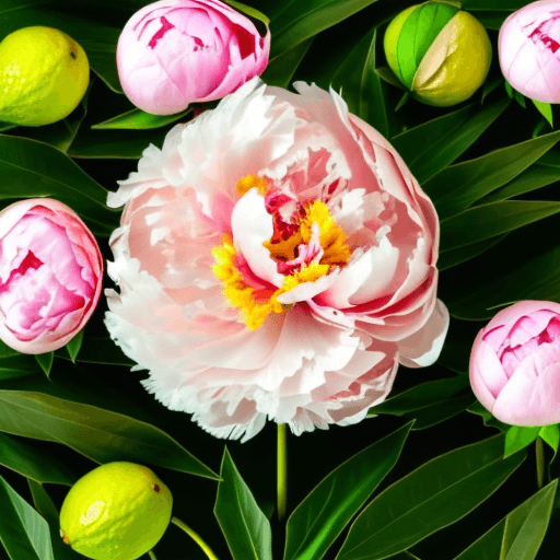 AI generated: a light pink peony, with a lime green stem with some leaves

beige background