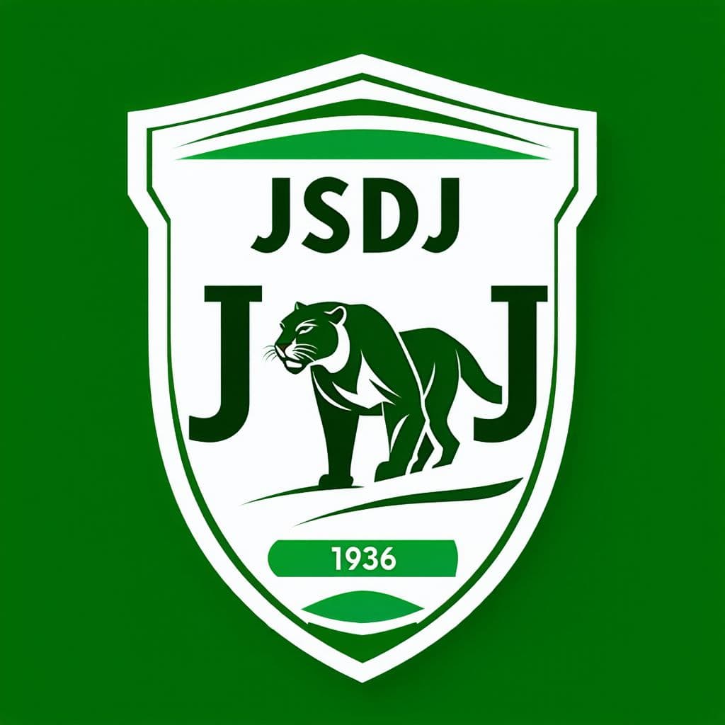 AI generated: A soccer logo with a shield shape. Colors  green and white, a panther in green , letters JSDJ in gre...