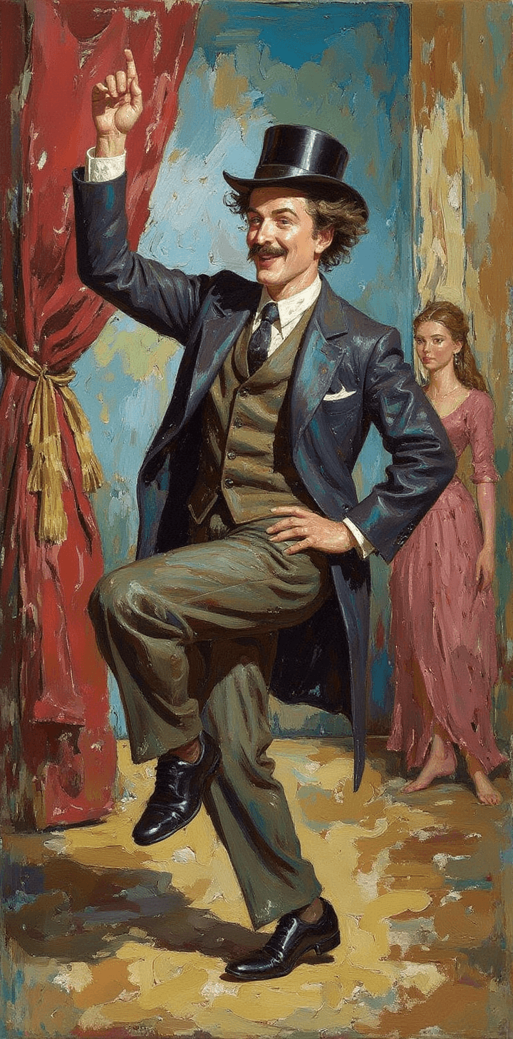 AI generated: a painting of Chaplin dancong on a stage  in the style of beautiful women, playfully intricate, heav...