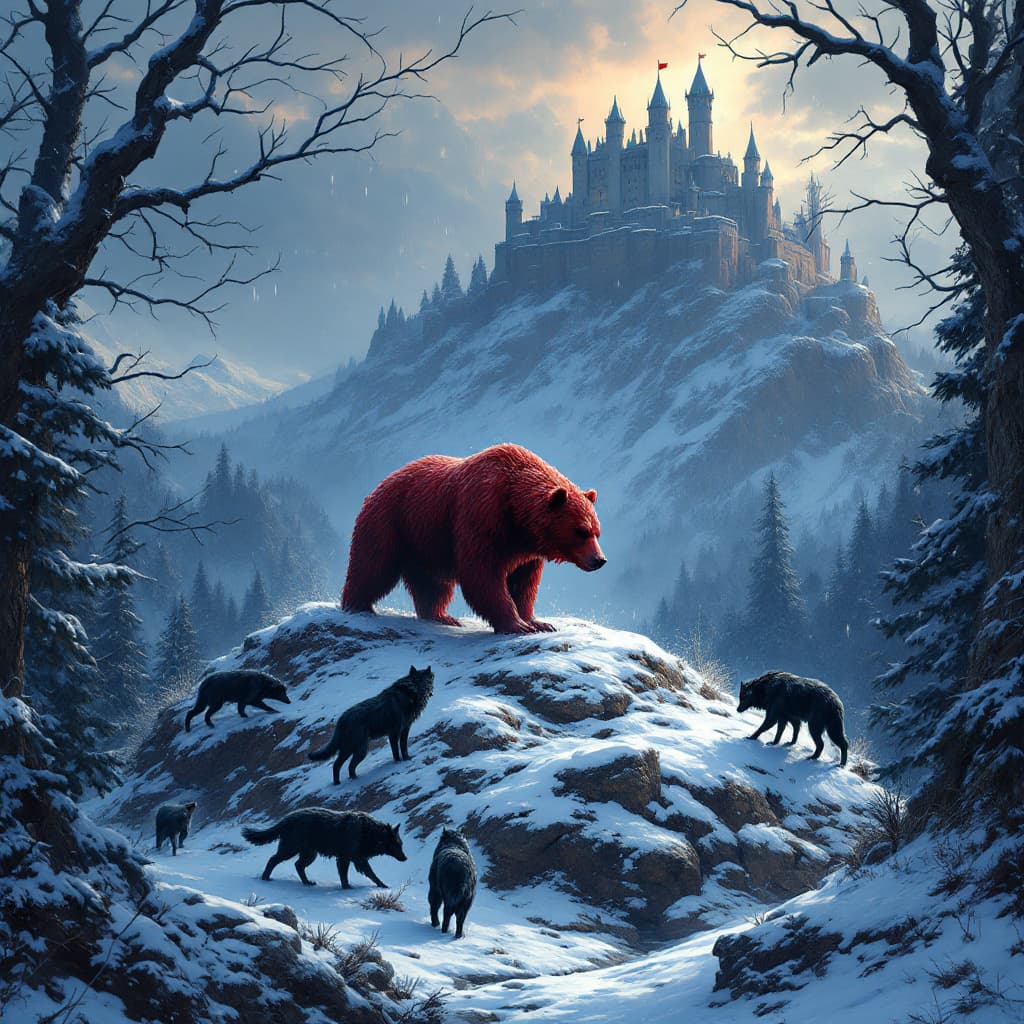 AI generated: The black wolves surround the red bear with power, which is on the hill, some snow falls, the castle...