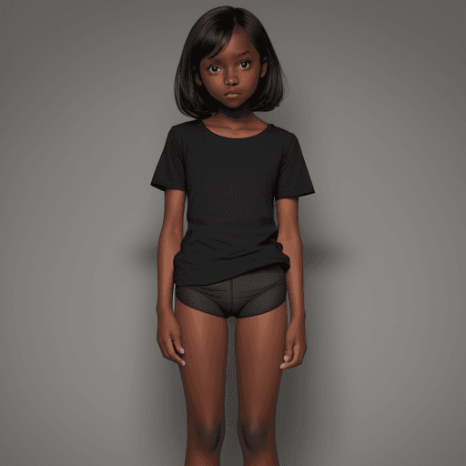 AI generated: girl, dark skin, short black shirt, little legs, 12 years old, panties