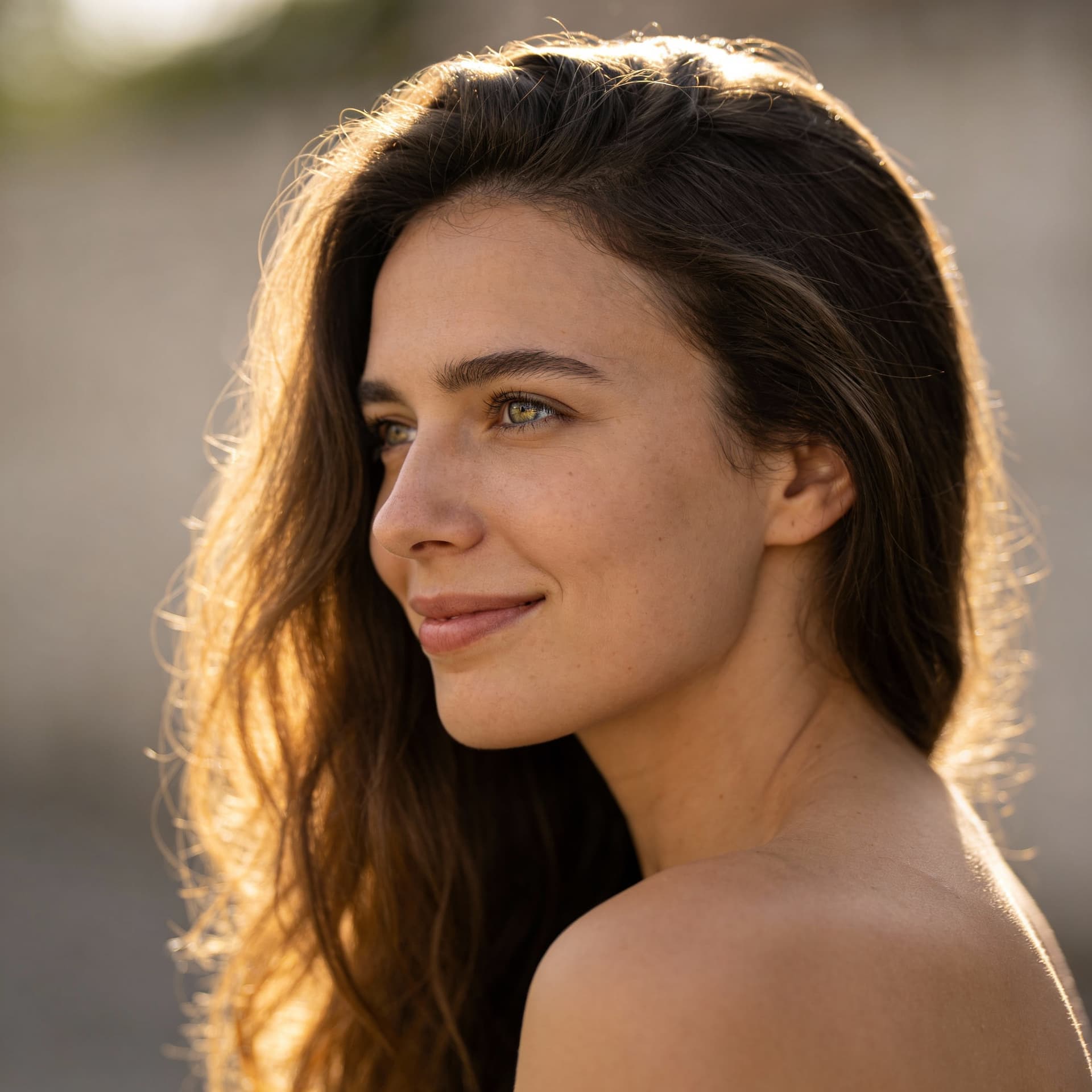 AI generated: woman, side view, slight smile, shot on a Canon A7 III