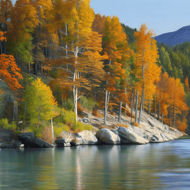 AI generated: photorealistic oil on canvas, 
trees by a river and hill,
beautiful setting, fall,
Foreground,
unrea...