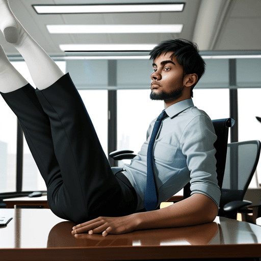 AI generated: realist a young person of about 30 years old sitting in a modern office with his legs on the table, ...