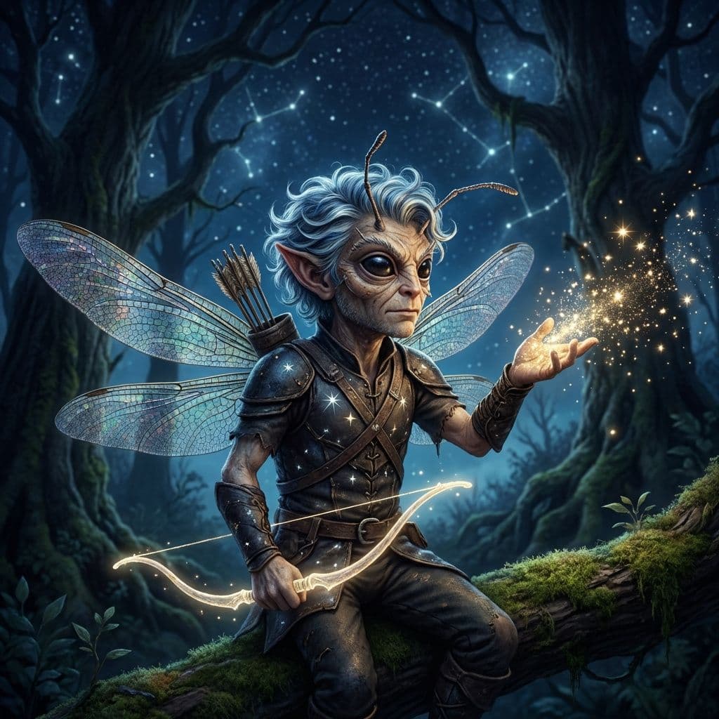 AI generated: realistic small male fairy, with iridescent dragonfly wings and bug like facial features, silver and...