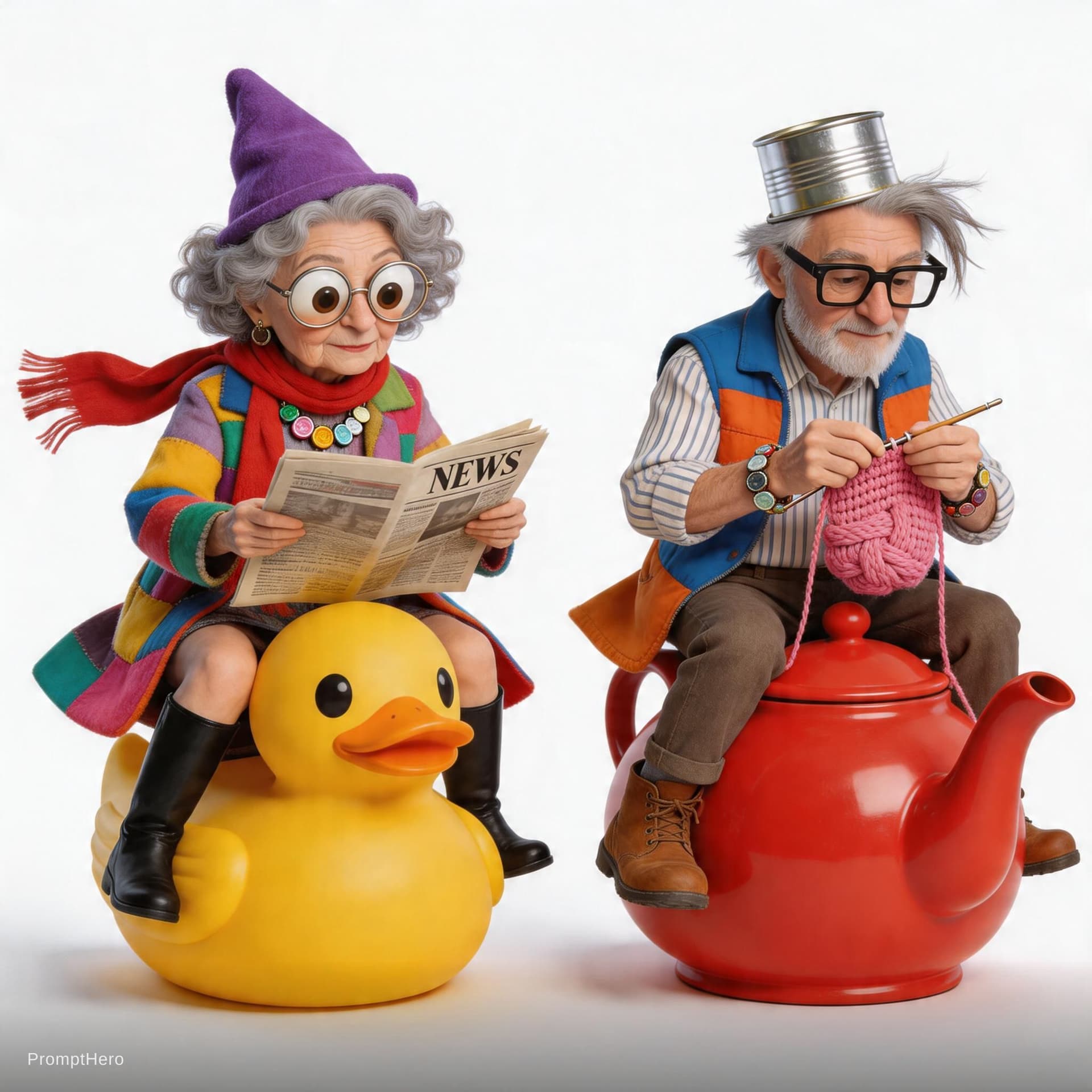 AI generated: A series of images of eccentric grandparents sitting on unexpected objects that are larger than life...