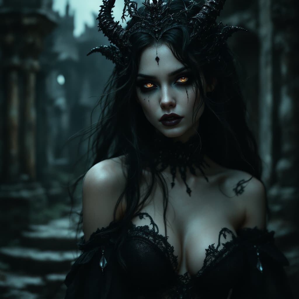 AI generated: a girl,masterpiece, glamourous photography of the Queen of the Underworld , pale skin, heavy dark ey...