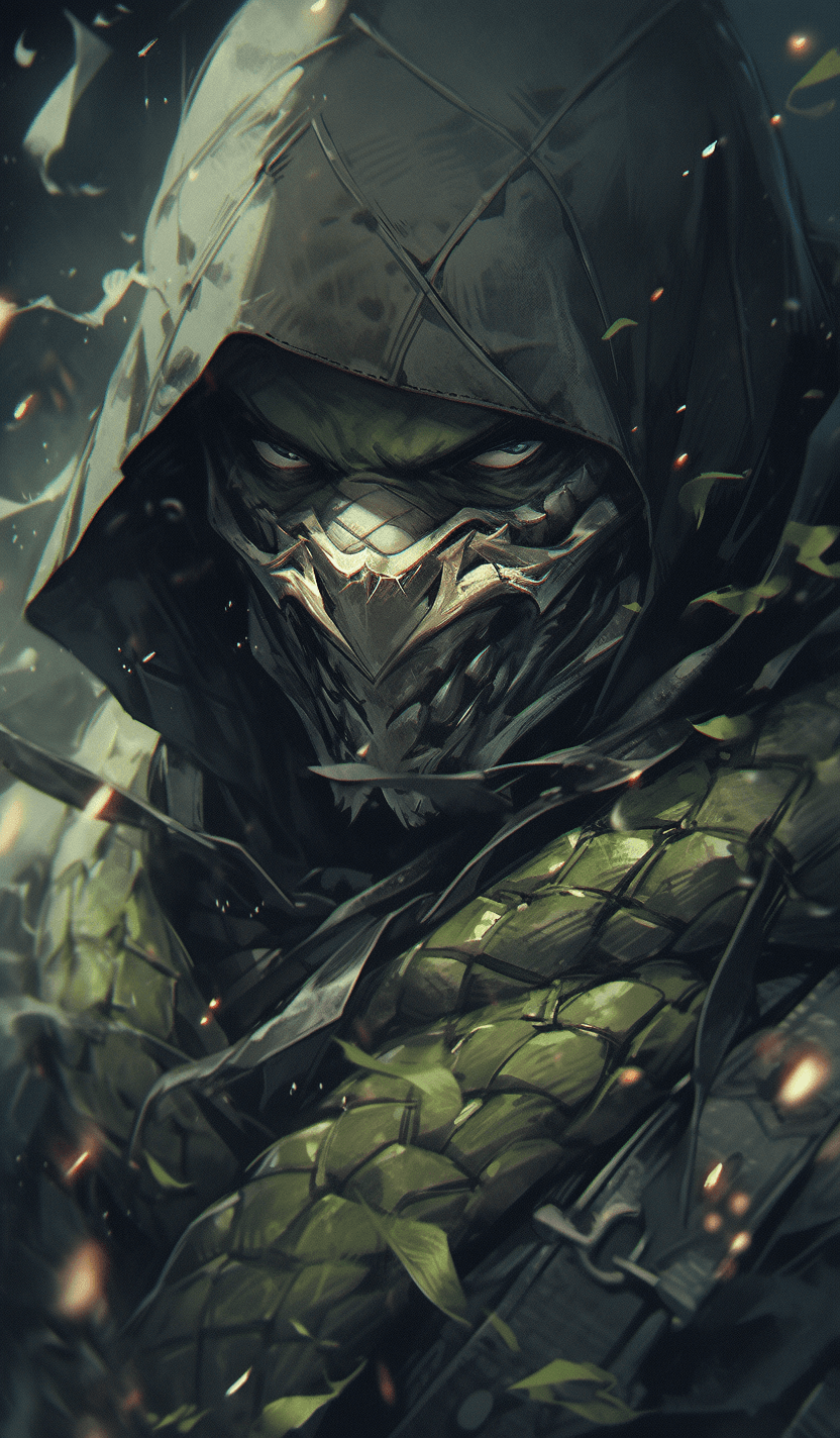 AI generated: 
Mortal Kombat Reptile, comes out of the forest in the fog, atmosphere of darkness and horror, uhd ...