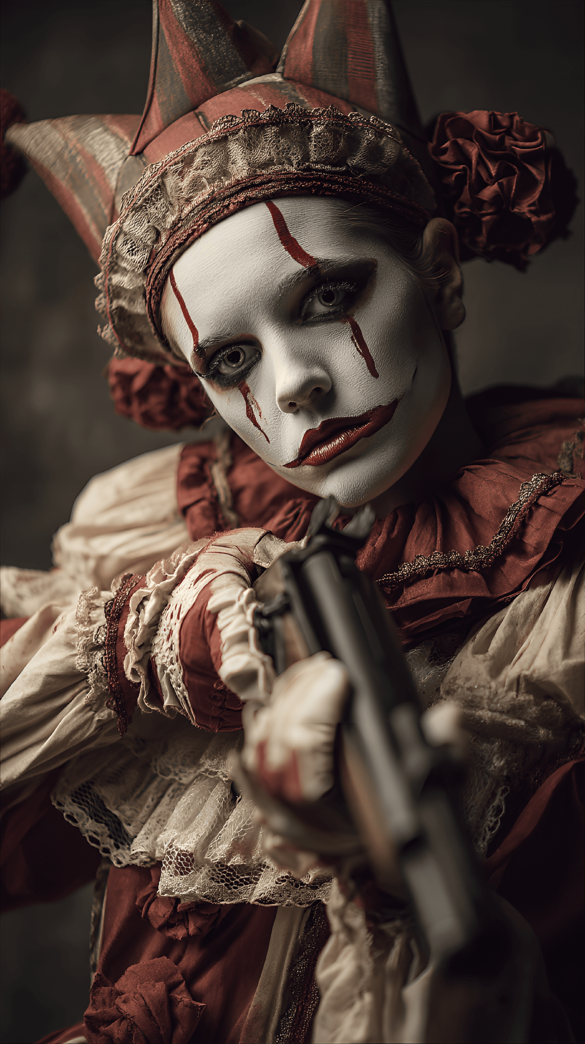 AI generated: young person, likely a teenager, is dressed as a sinister clown.  The subject is positioned slightly...