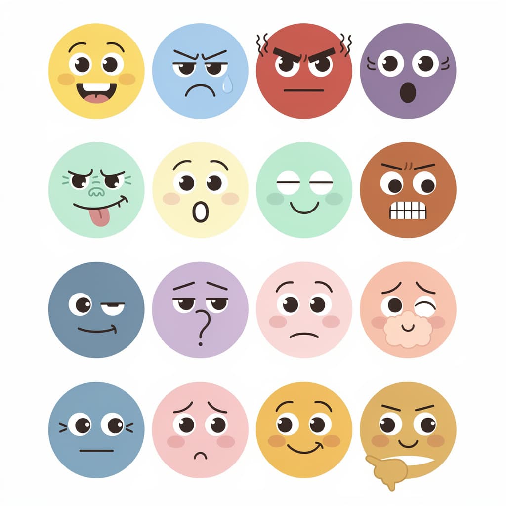 AI generated: 12 emotion cards in a clean 3x4 grid on white background. Each card is a circle with soft rounded ed...