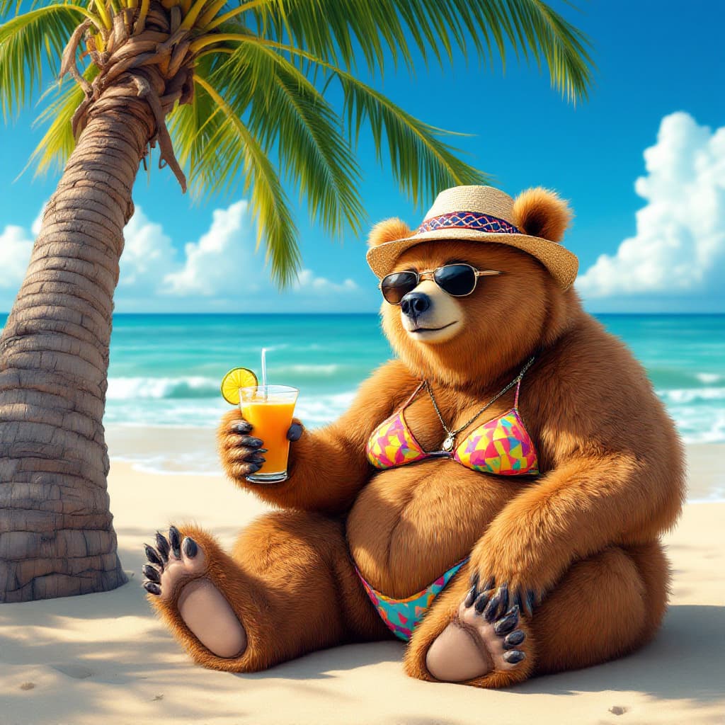 AI generated: A bear in a bikini sitting under a palm tree near the beach shores wearing sunglasses, a hat and enj...