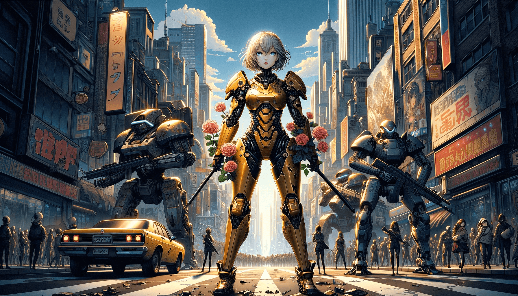 AI generated: On the bustling streets of a utopian futuristic city, a young girl in a damaged cyberpunk suit stand...