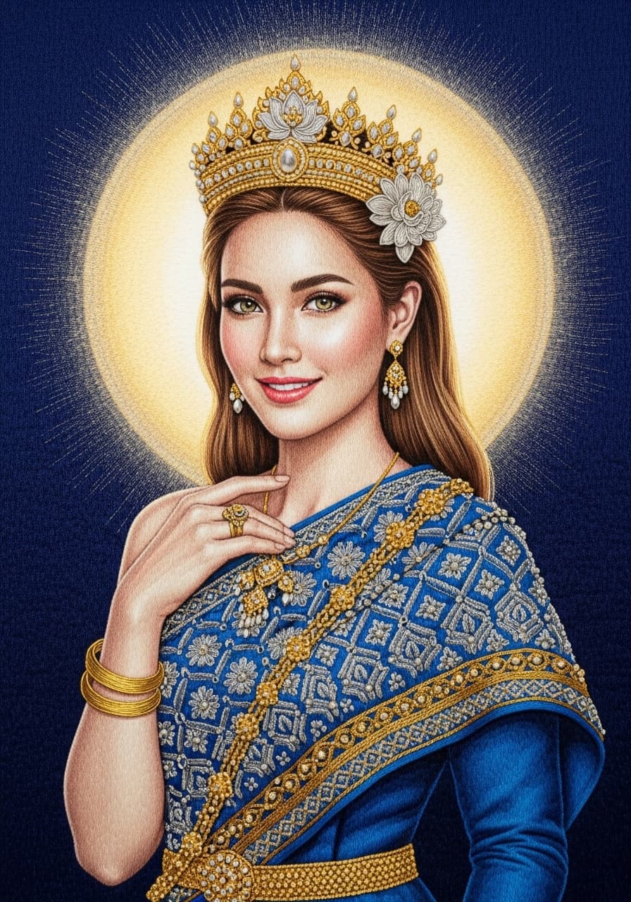AI generated: A hyper-realistic woven Thai silk portrait of a radiant Thai–French mixed-race woman with luminous f...