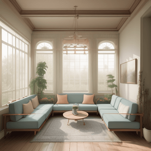 AI generated: High resolution photography interior design, dreamy sunken living room conversation pit, wooden floo...