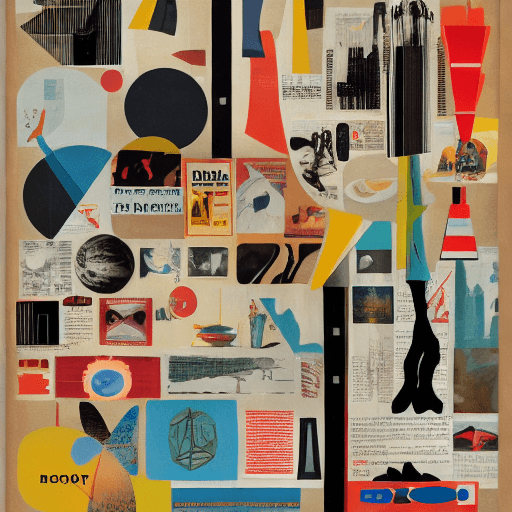 AI generated: A mid-century modern collage, made of random shapes from fashion and science magazines and text book...