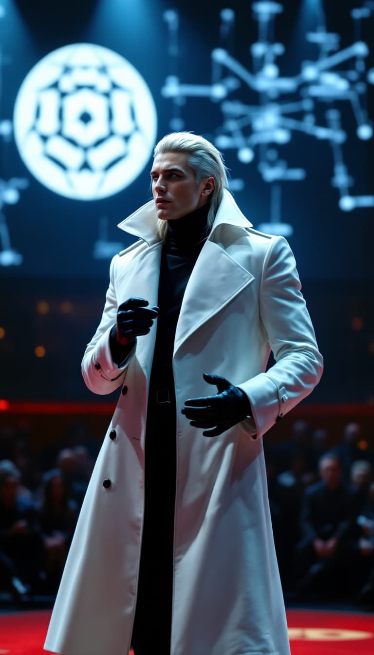 AI generated: A photorealistic candid shot of a strikingly composed young CEO inspired by Rufus from Final Fantasy...